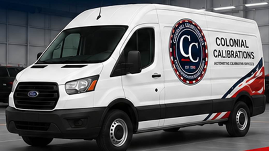 The Colonial Calibrations mobile service van, a white Ford Transit carrying the company seal, parked in a calibration bay